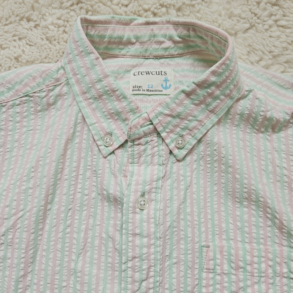 Crewcuts Green/Pink/White Striped Short Sleeve Cotton Button-Down Boys Size 12